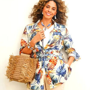 Chico’s Linen Palm Pattern Hawaiian Utility Jacket Beach Vacation Resortwear MP